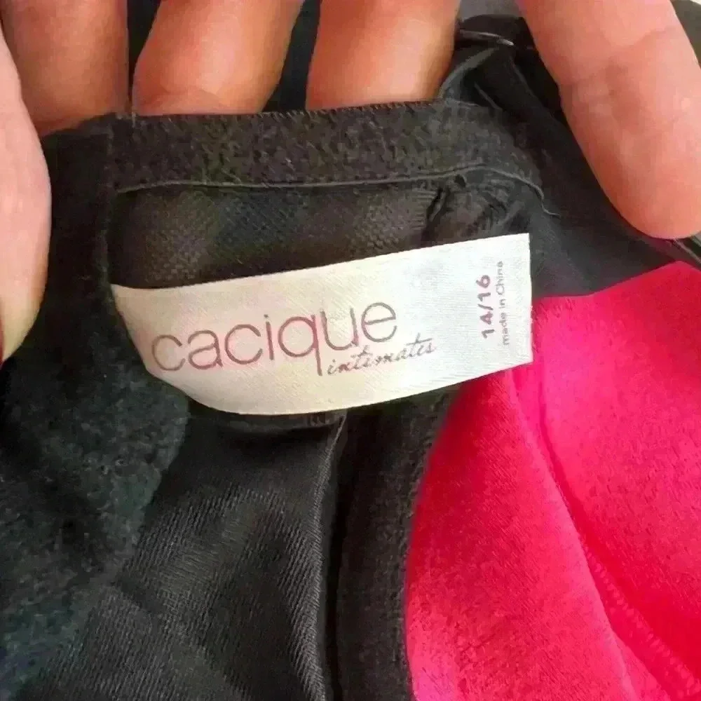 Cacique Corset Top Black Satin Neon Pink with Front Ribbon 14/16